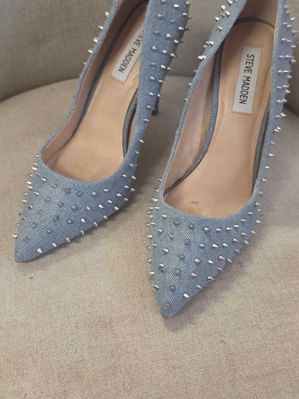 Steve Madden Light Blue Denim Studded Pointed Toe Heels